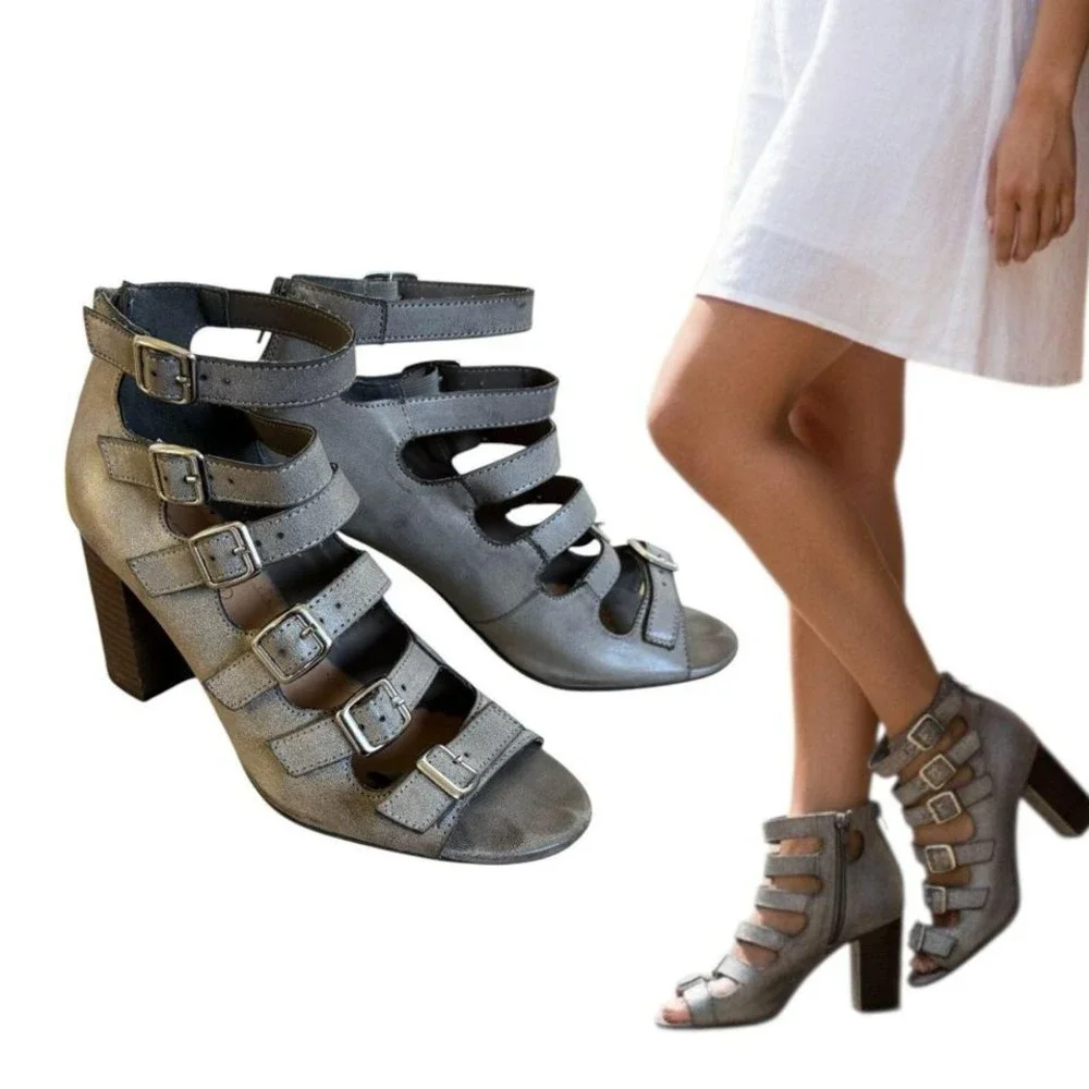 VINTAGE Restricted‎ Taupe Multi-Strap Block Heels  SZ. 8.5⛓️🪵